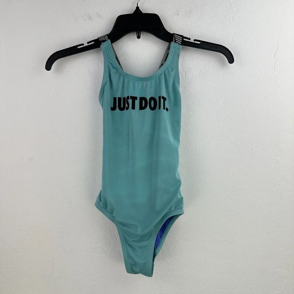 Nike Swimsuit Kids Small Blue Just Do It One Piece Activewear Swimwear Racerback